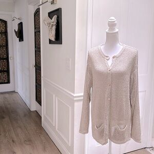 Go Silk Women Silk Linen Cardigan Beige M/L Crochet Knit Quiet Luxury Coastal